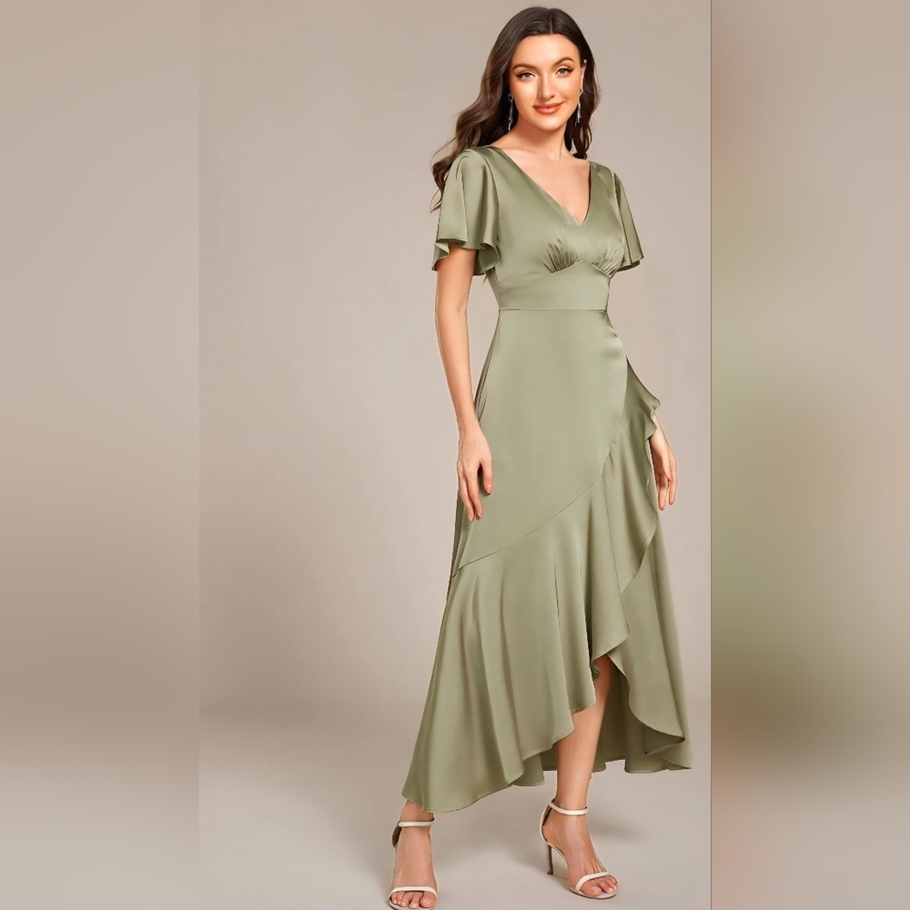 Ever Pretty Short Sleeve Satin Midi Asymmetrical Sage Green Dress